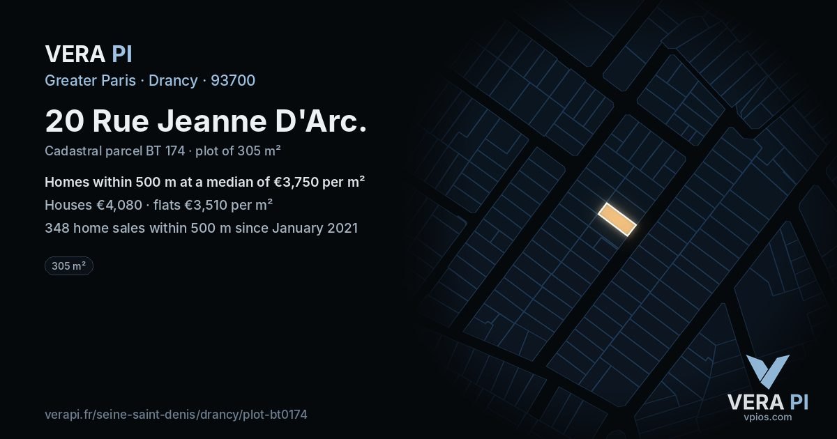 20 Rue Jeanne D'Arc, Drancy at night – the plot lit, the parcels around coloured by the prices near them
