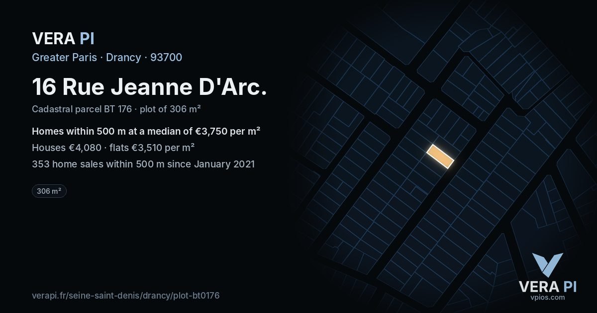 16 Rue Jeanne D'Arc, Drancy at night – the plot lit, the parcels around coloured by the prices near them