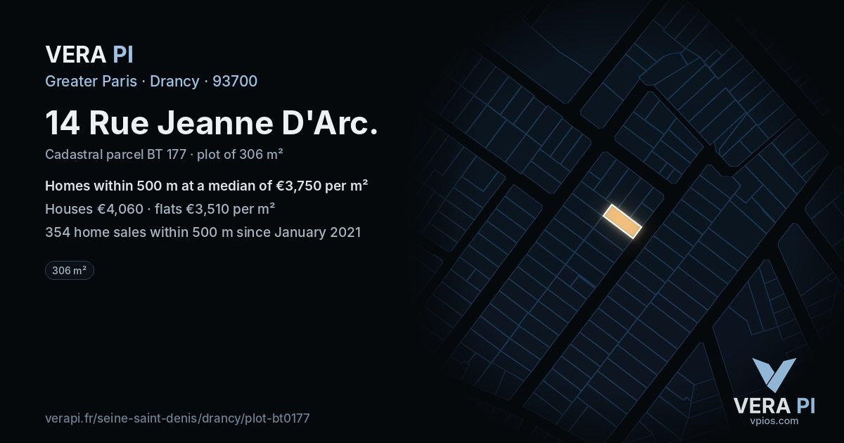 14 Rue Jeanne D'Arc, Drancy at night – the plot lit, the parcels around coloured by the prices near them