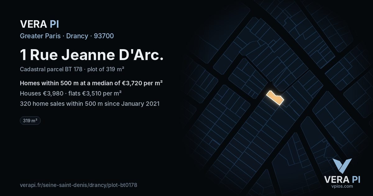 1 Rue Jeanne D'Arc, Drancy at night – the plot lit, the parcels around coloured by the prices near them