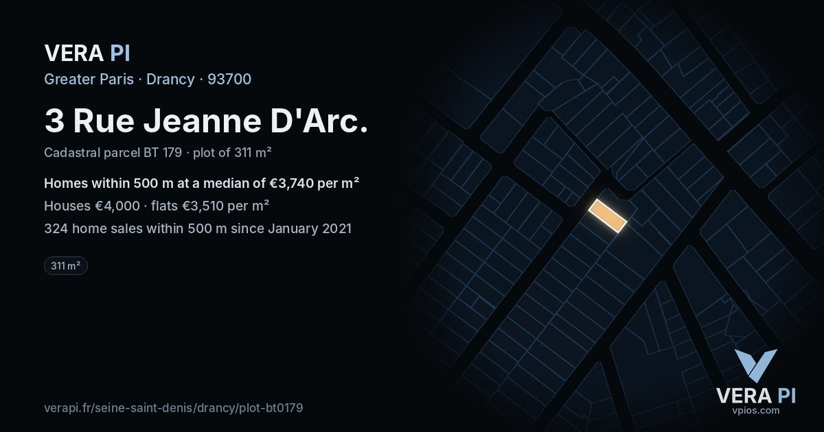 3 Rue Jeanne D'Arc, Drancy at night – the plot lit, the parcels around coloured by the prices near them