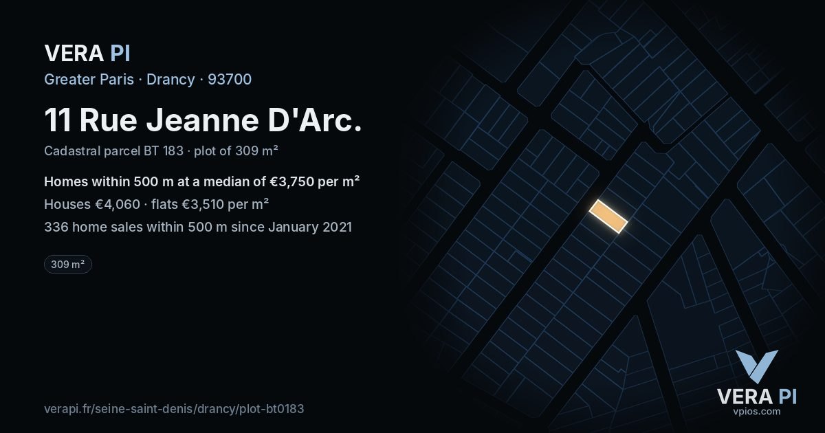 11 Rue Jeanne D'Arc, Drancy at night – the plot lit, the parcels around coloured by the prices near them