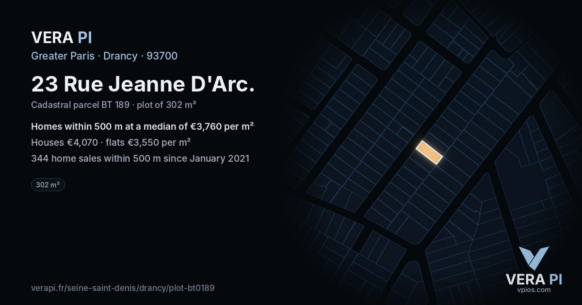 23 Rue Jeanne D'Arc, Drancy at night – the plot lit, the parcels around coloured by the prices near them