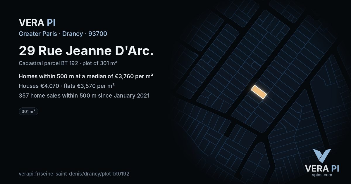 29 Rue Jeanne D'Arc, Drancy at night – the plot lit, the parcels around coloured by the prices near them