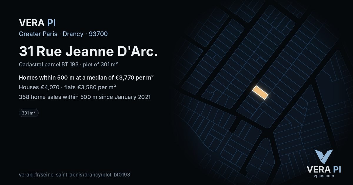 31 Rue Jeanne D'Arc, Drancy at night – the plot lit, the parcels around coloured by the prices near them