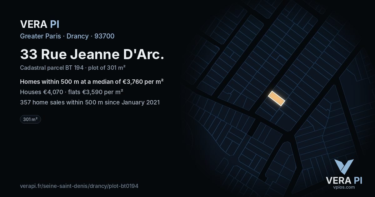 33 Rue Jeanne D'Arc, Drancy at night – the plot lit, the parcels around coloured by the prices near them