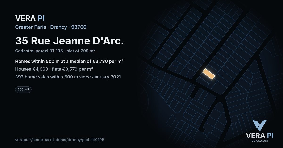 35 Rue Jeanne D'Arc, Drancy at night – the plot lit, the parcels around coloured by the prices near them