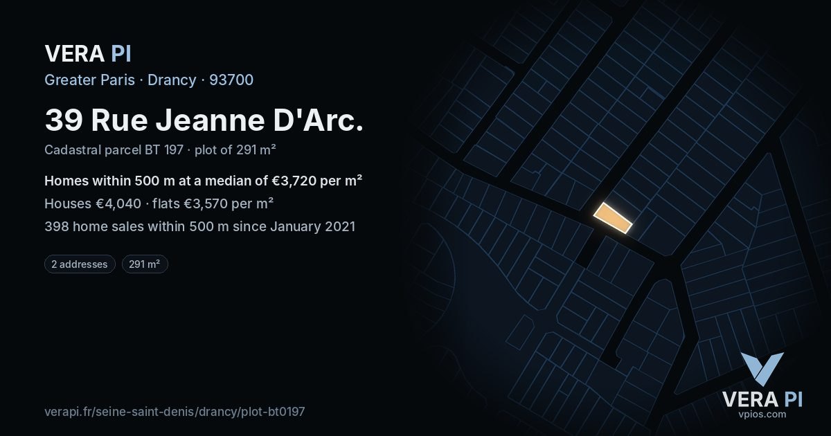 39 Rue Jeanne D'Arc, Drancy at night – the plot lit, the parcels around coloured by the prices near them
