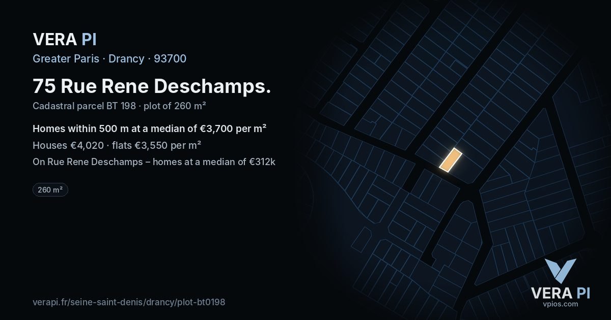 75 Rue Rene Deschamps, Drancy at night – the plot lit, the parcels around coloured by the prices near them