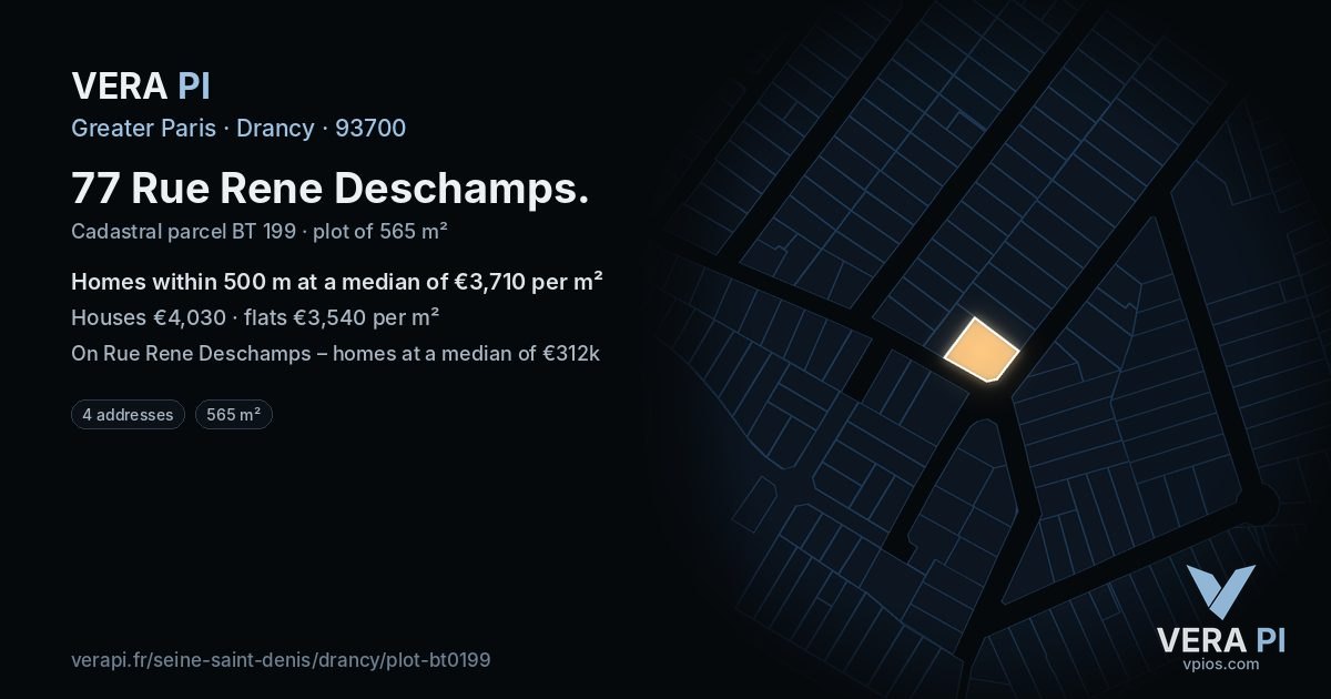 77 Rue Rene Deschamps, Drancy at night – the plot lit, the parcels around coloured by the prices near them
