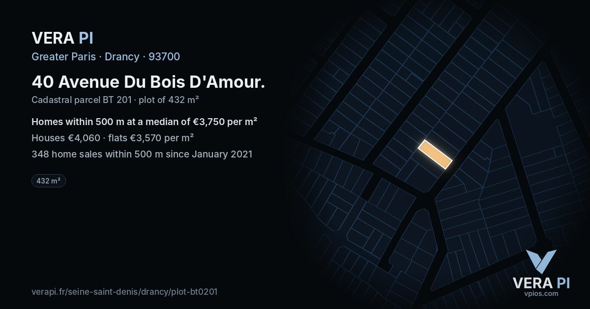 40 Avenue Du Bois D'Amour, Drancy at night – the plot lit, the parcels around coloured by the prices near them