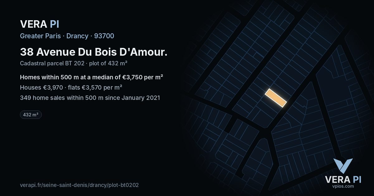 38 Avenue Du Bois D'Amour, Drancy at night – the plot lit, the parcels around coloured by the prices near them