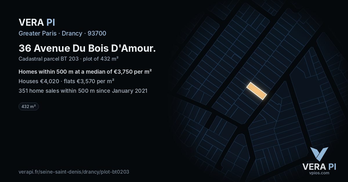 36 Avenue Du Bois D'Amour, Drancy at night – the plot lit, the parcels around coloured by the prices near them