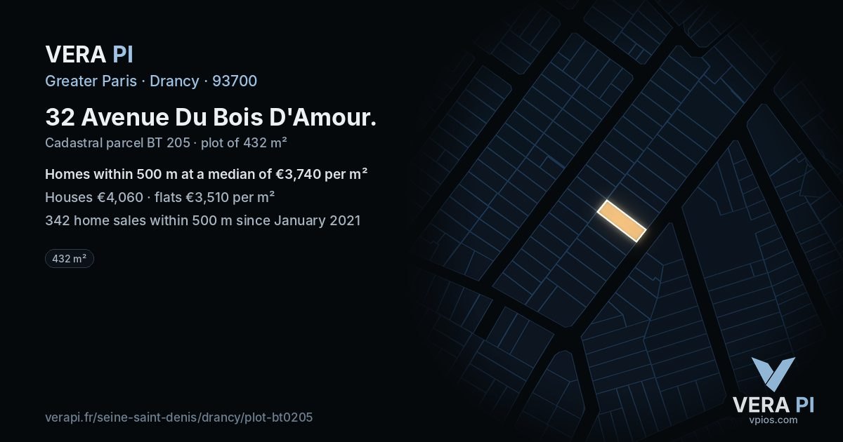 32 Avenue Du Bois D'Amour, Drancy at night – the plot lit, the parcels around coloured by the prices near them