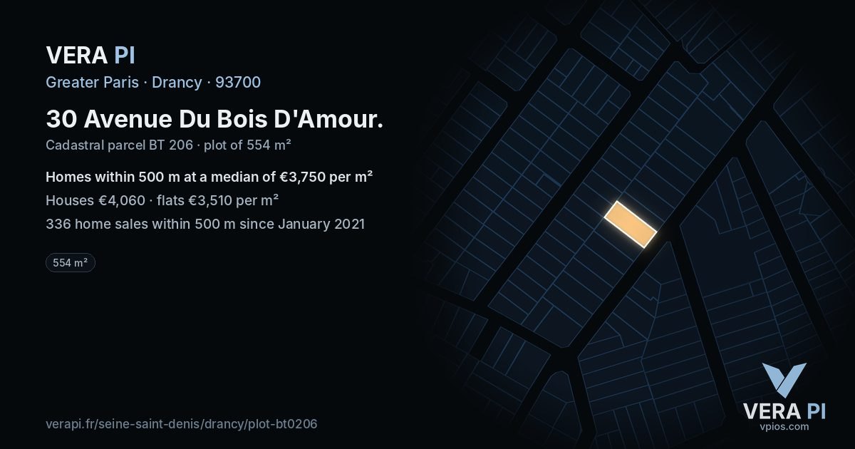 30 Avenue Du Bois D'Amour, Drancy at night – the plot lit, the parcels around coloured by the prices near them