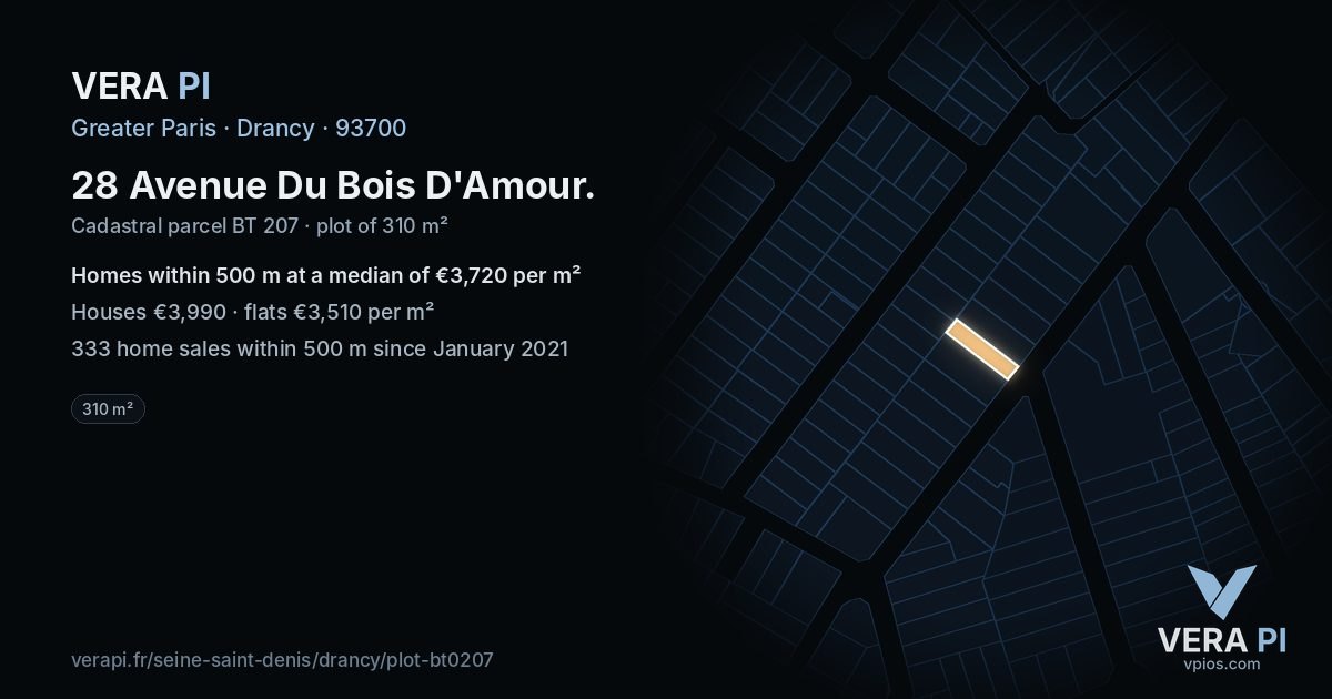28 Avenue Du Bois D'Amour, Drancy at night – the plot lit, the parcels around coloured by the prices near them