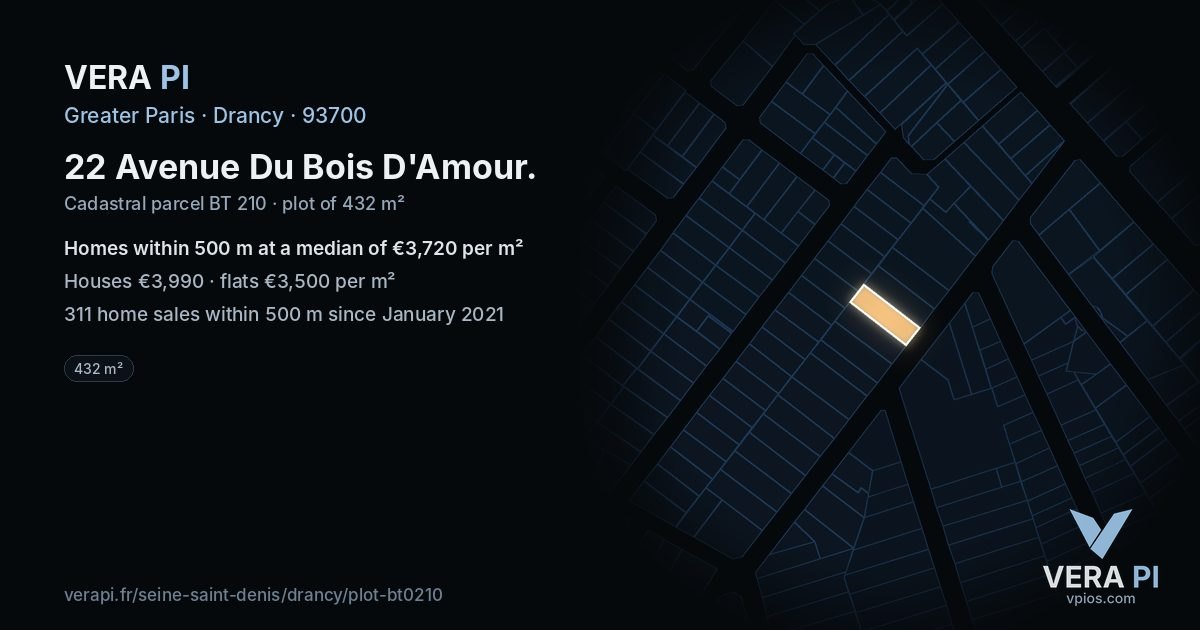 22 Avenue Du Bois D'Amour, Drancy at night – the plot lit, the parcels around coloured by the prices near them