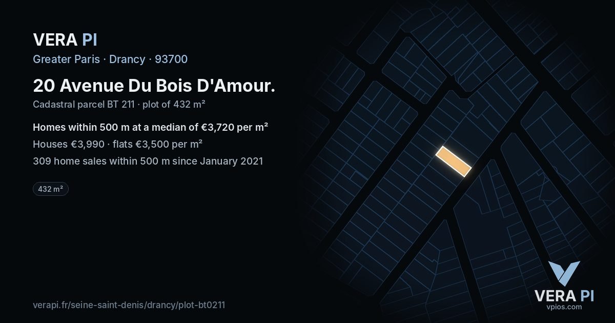 20 Avenue Du Bois D'Amour, Drancy at night – the plot lit, the parcels around coloured by the prices near them