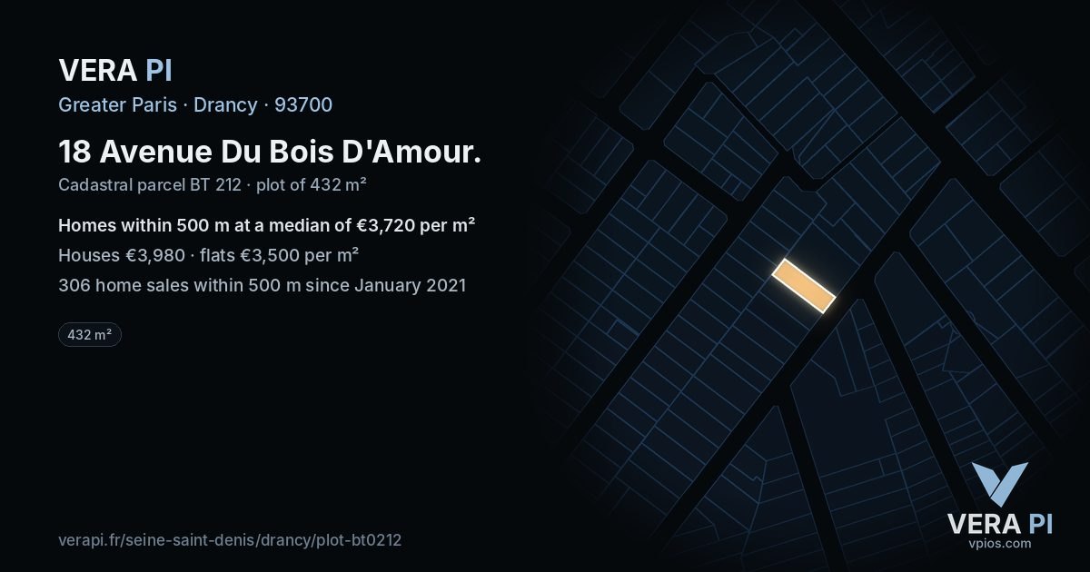 18 Avenue Du Bois D'Amour, Drancy at night – the plot lit, the parcels around coloured by the prices near them