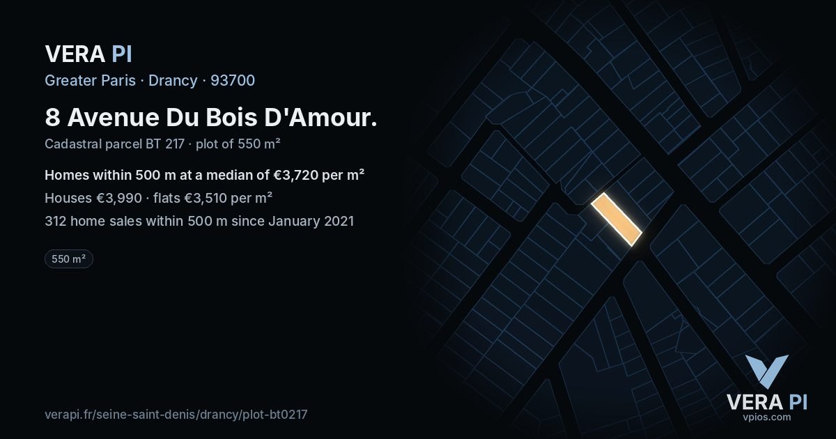 8 Avenue Du Bois D'Amour, Drancy at night – the plot lit, the parcels around coloured by the prices near them