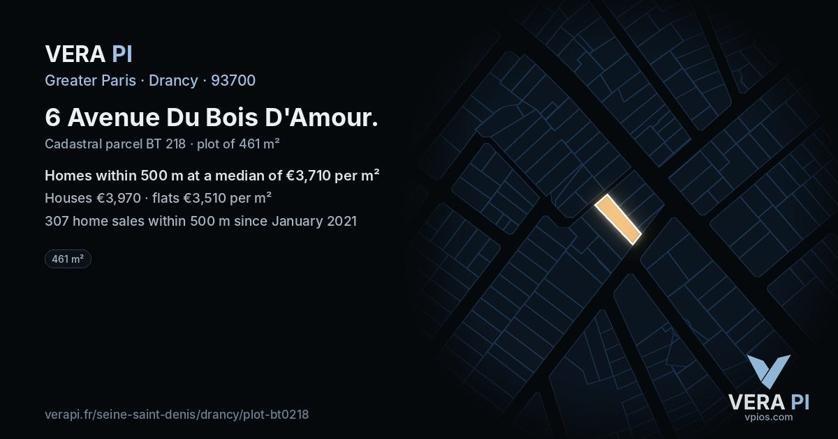 6 Avenue Du Bois D'Amour, Drancy at night – the plot lit, the parcels around coloured by the prices near them