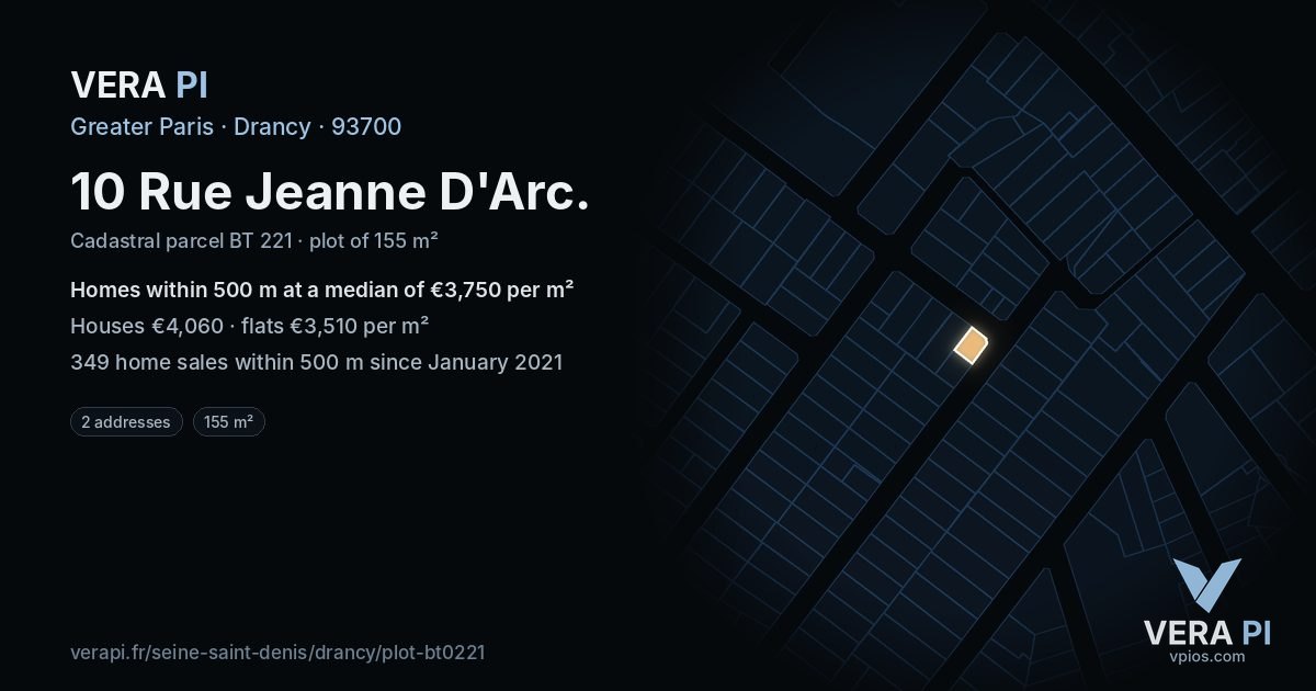 10 Rue Jeanne D'Arc, Drancy at night – the plot lit, the parcels around coloured by the prices near them