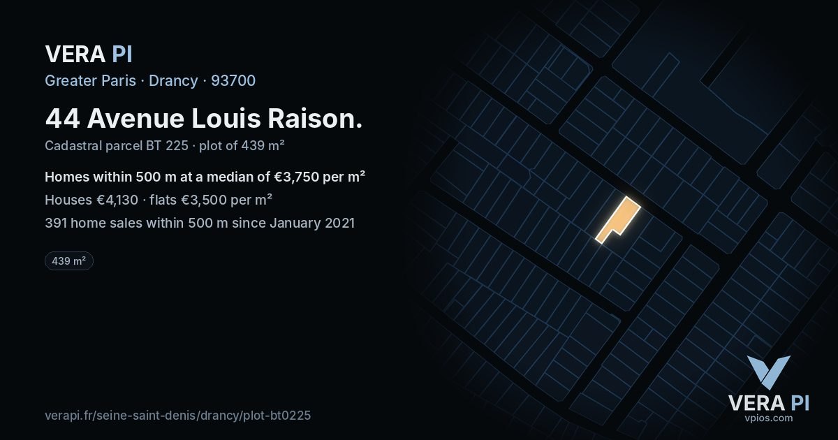 44 Avenue Louis Raison, Drancy at night – the plot lit, the parcels around coloured by the prices near them