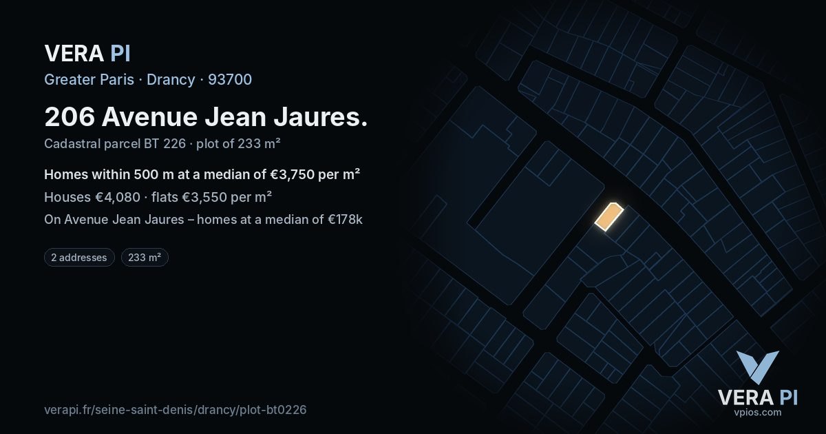 206 Avenue Jean Jaures, Drancy at night – the plot lit, the parcels around coloured by the prices near them