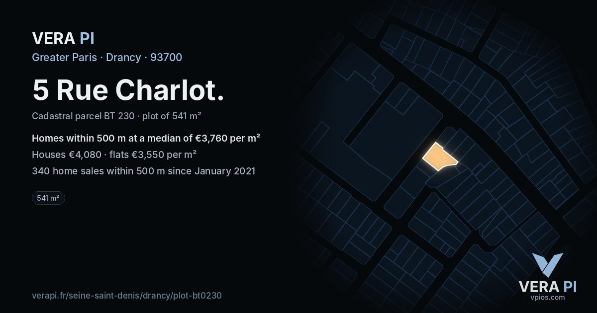 5 Rue Charlot, Drancy at night – the plot lit, the parcels around coloured by the prices near them