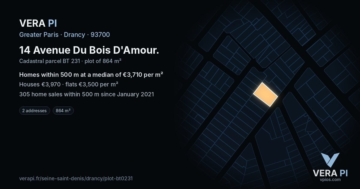 14 Avenue Du Bois D'Amour, Drancy at night – the plot lit, the parcels around coloured by the prices near them