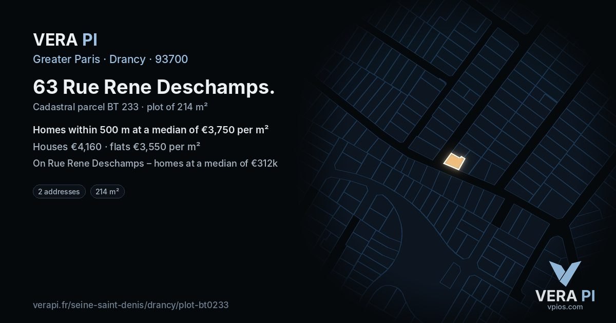 63 Rue Rene Deschamps, Drancy at night – the plot lit, the parcels around coloured by the prices near them