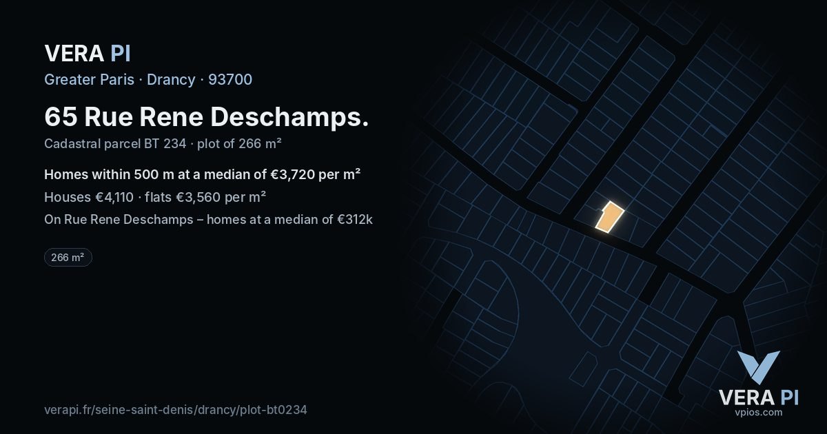 65 Rue Rene Deschamps, Drancy at night – the plot lit, the parcels around coloured by the prices near them