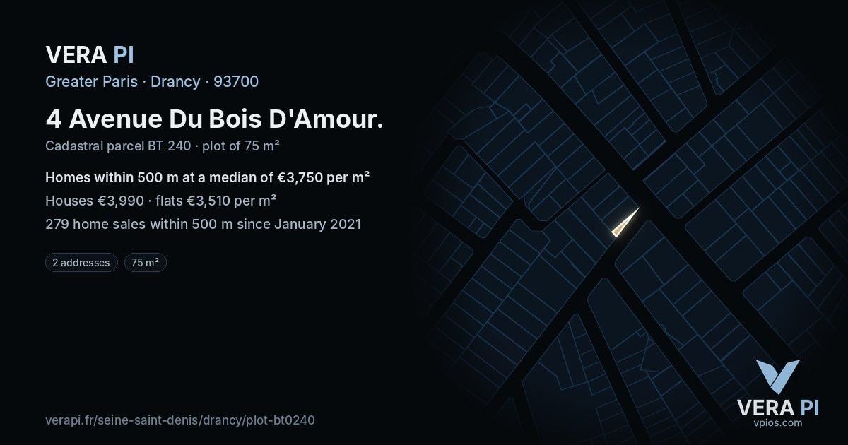 4 Avenue Du Bois D'Amour, Drancy at night – the plot lit, the parcels around coloured by the prices near them