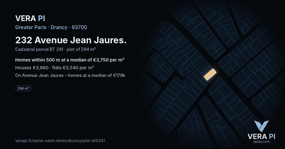 232 Avenue Jean Jaures, Drancy at night – the plot lit, the parcels around coloured by the prices near them