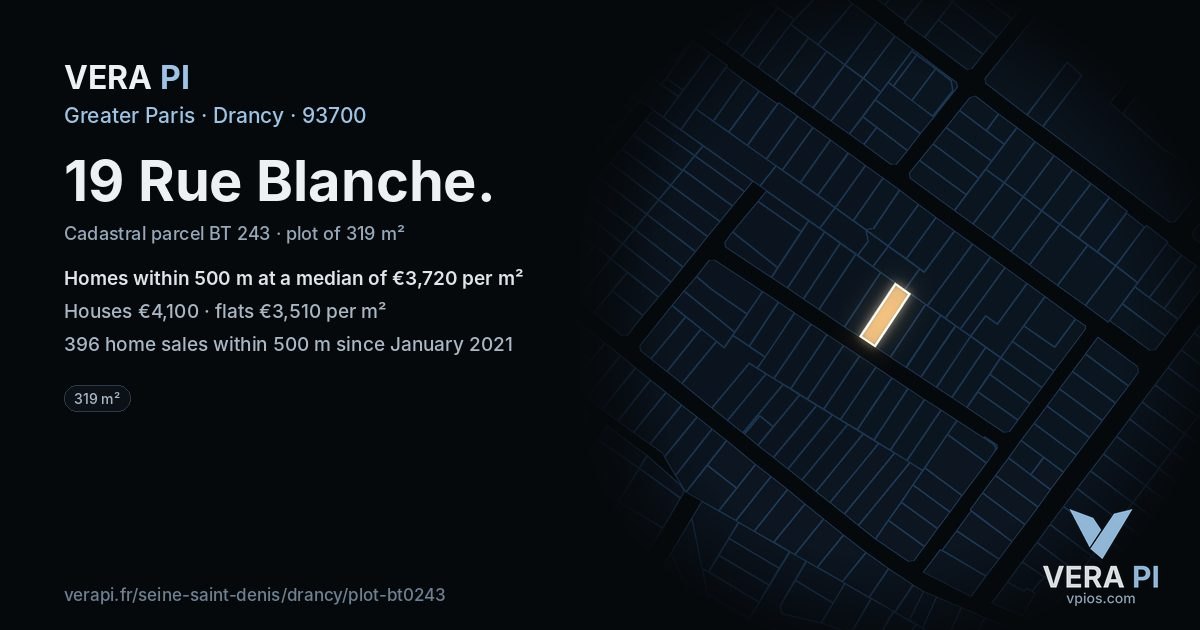 19 Rue Blanche, Drancy at night – the plot lit, the parcels around coloured by the prices near them