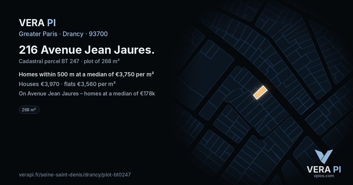 216 Avenue Jean Jaures, Drancy at night – the plot lit, the parcels around coloured by the prices near them