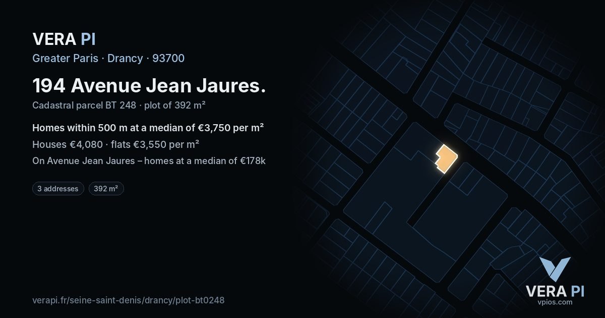 194 Avenue Jean Jaures, Drancy at night – the plot lit, the parcels around coloured by the prices near them