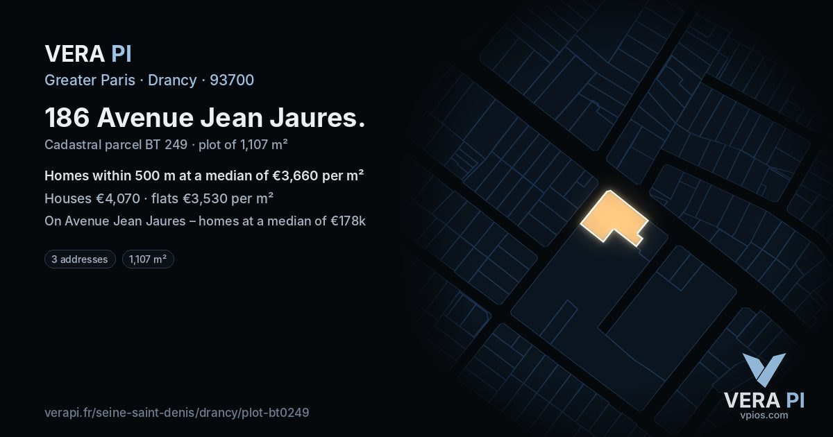 186 Avenue Jean Jaures, Drancy at night – the plot lit, the parcels around coloured by the prices near them