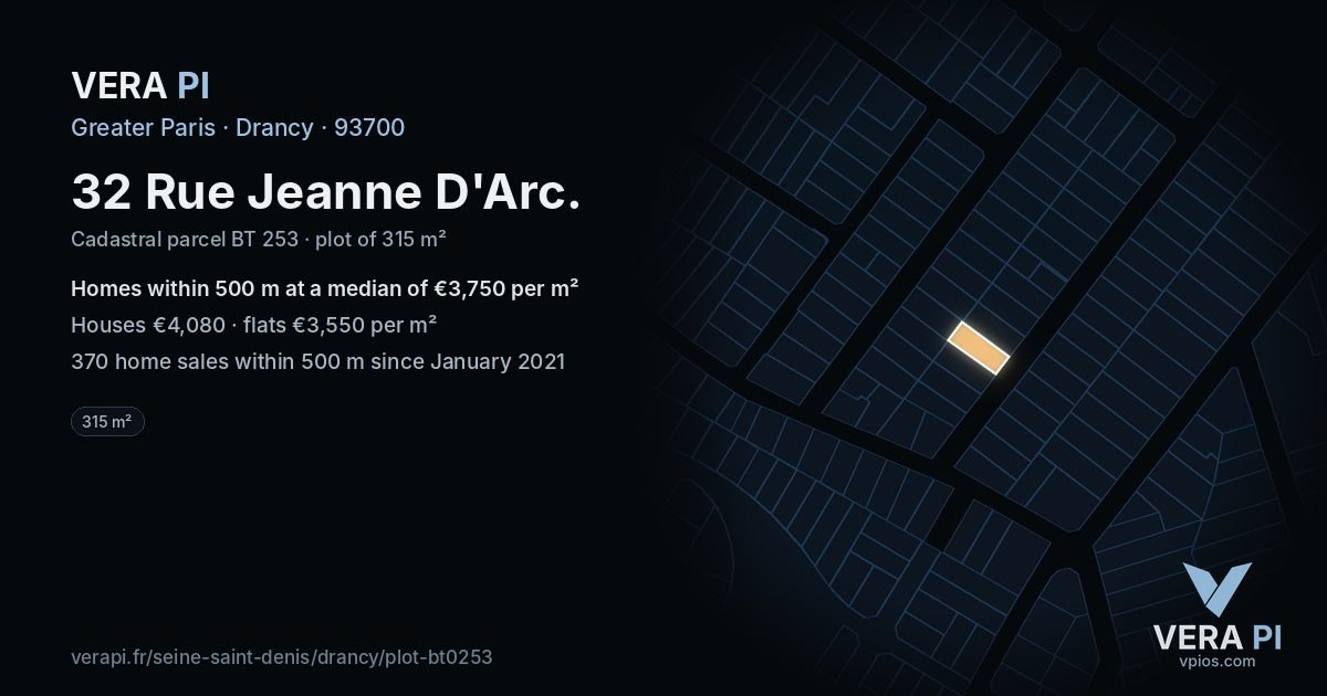 32 Rue Jeanne D'Arc, Drancy at night – the plot lit, the parcels around coloured by the prices near them