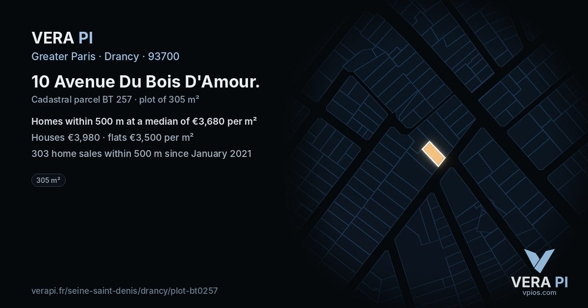 10 Avenue Du Bois D'Amour, Drancy at night – the plot lit, the parcels around coloured by the prices near them