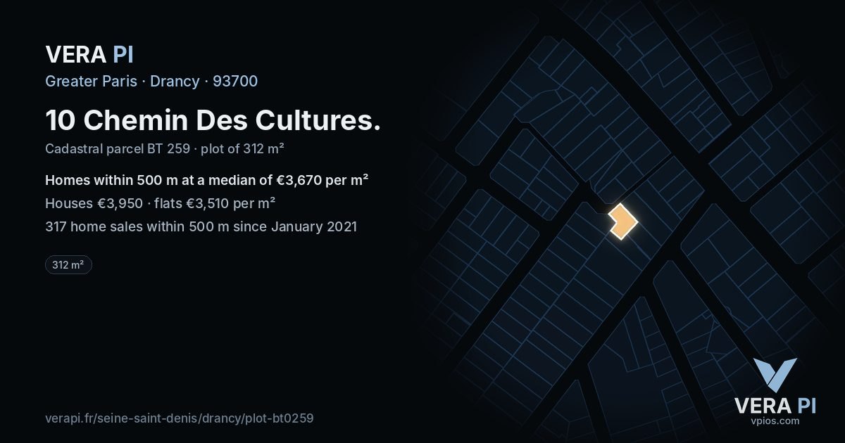 10 Chemin Des Cultures, Drancy at night – the plot lit, the parcels around coloured by the prices near them