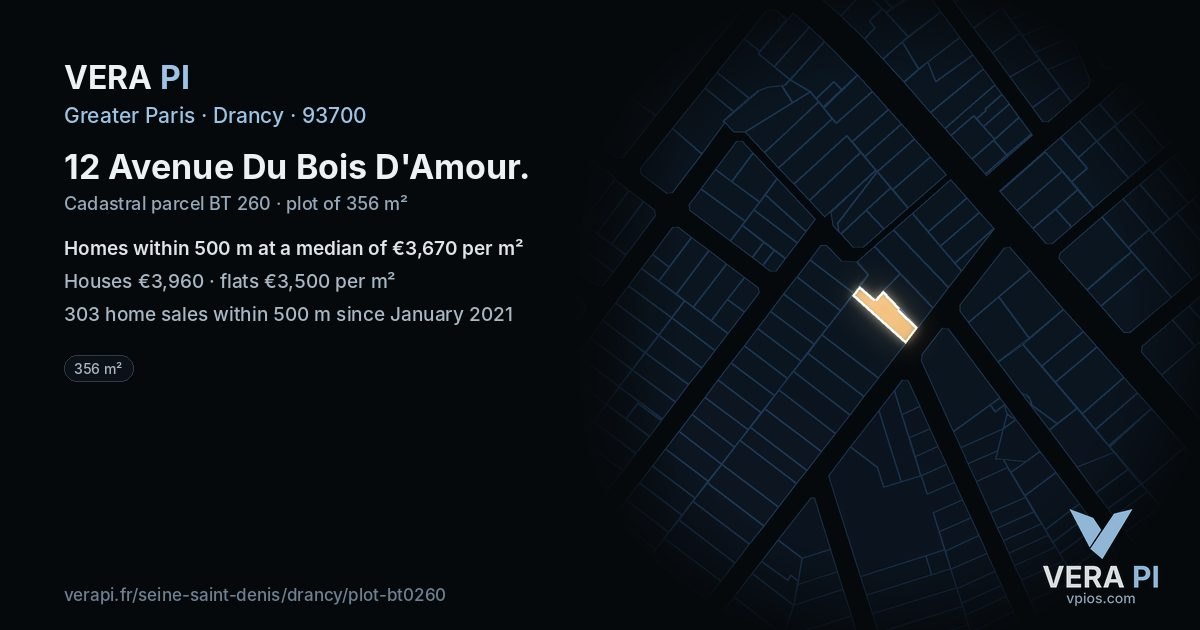 12 Avenue Du Bois D'Amour, Drancy at night – the plot lit, the parcels around coloured by the prices near them