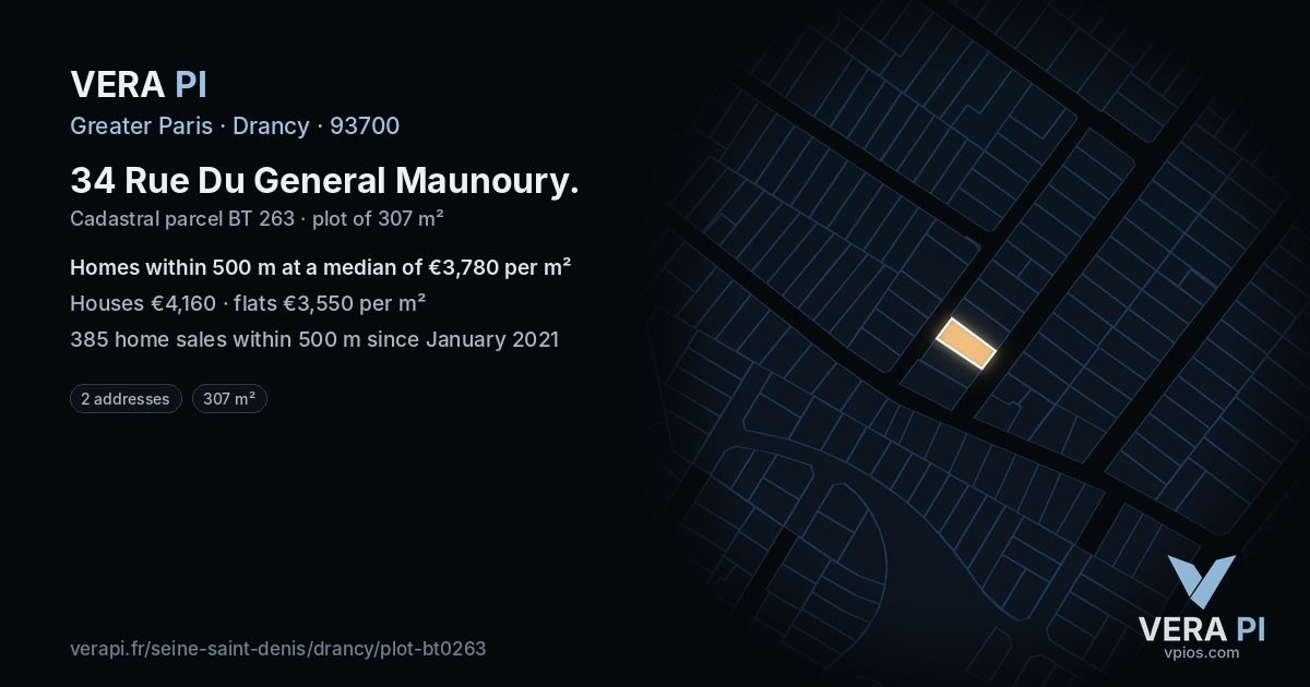34 Rue Du General Maunoury, Drancy at night – the plot lit, the parcels around coloured by the prices near them