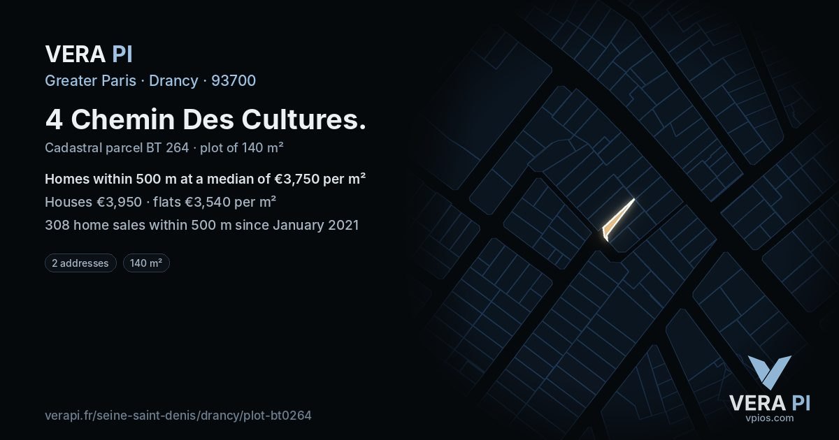 4 Chemin Des Cultures, Drancy at night – the plot lit, the parcels around coloured by the prices near them