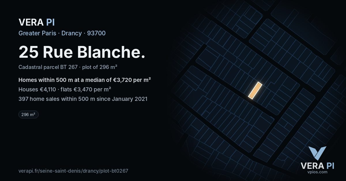25 Rue Blanche, Drancy at night – the plot lit, the parcels around coloured by the prices near them