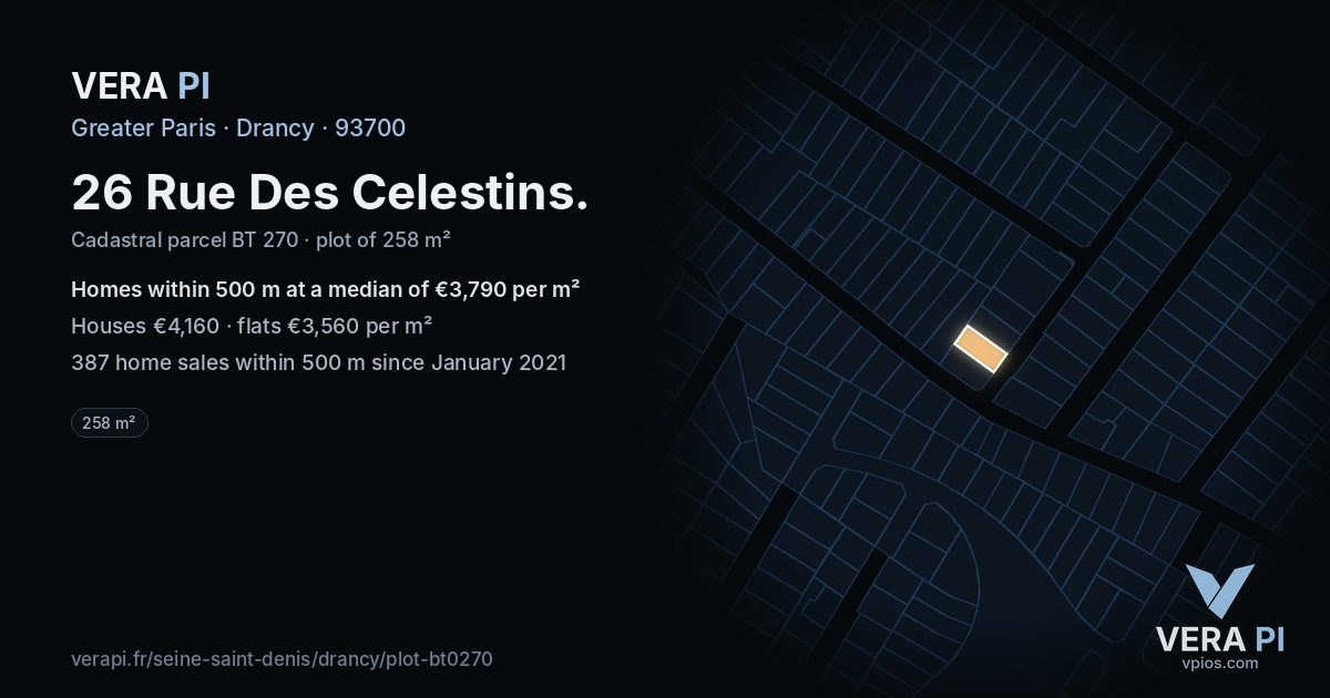 26 Rue Des Celestins, Drancy at night – the plot lit, the parcels around coloured by the prices near them