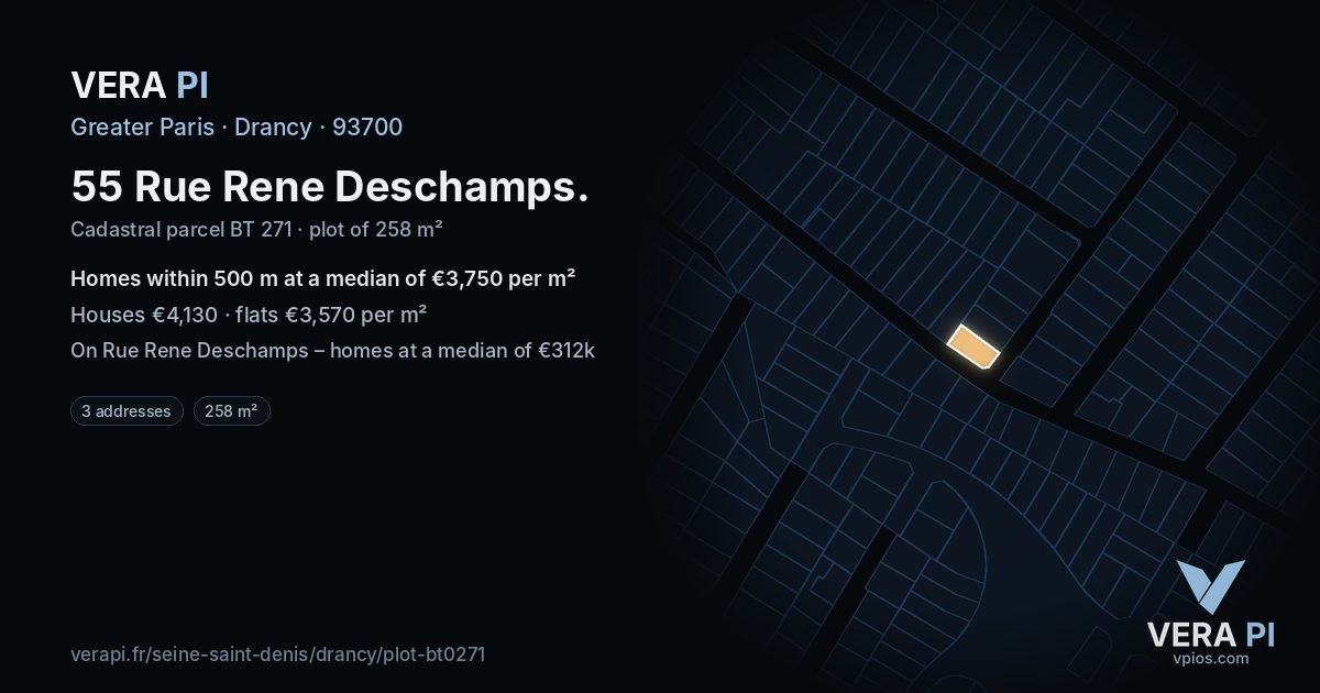 55 Rue Rene Deschamps, Drancy at night – the plot lit, the parcels around coloured by the prices near them