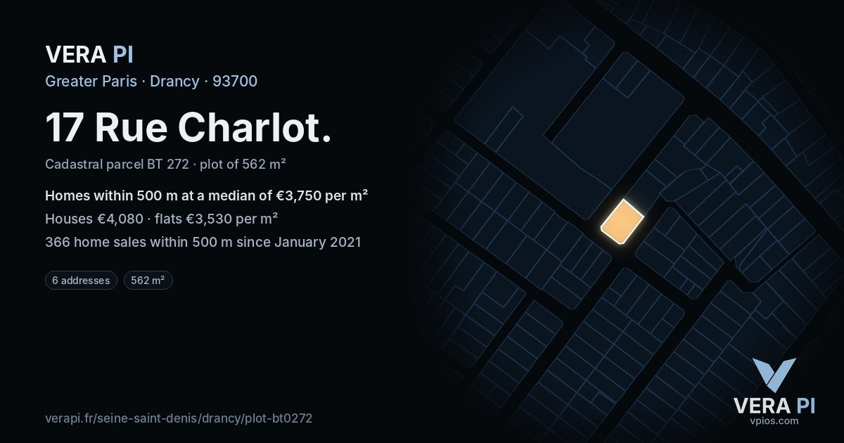 17 Rue Charlot, Drancy at night – the plot lit, the parcels around coloured by the prices near them