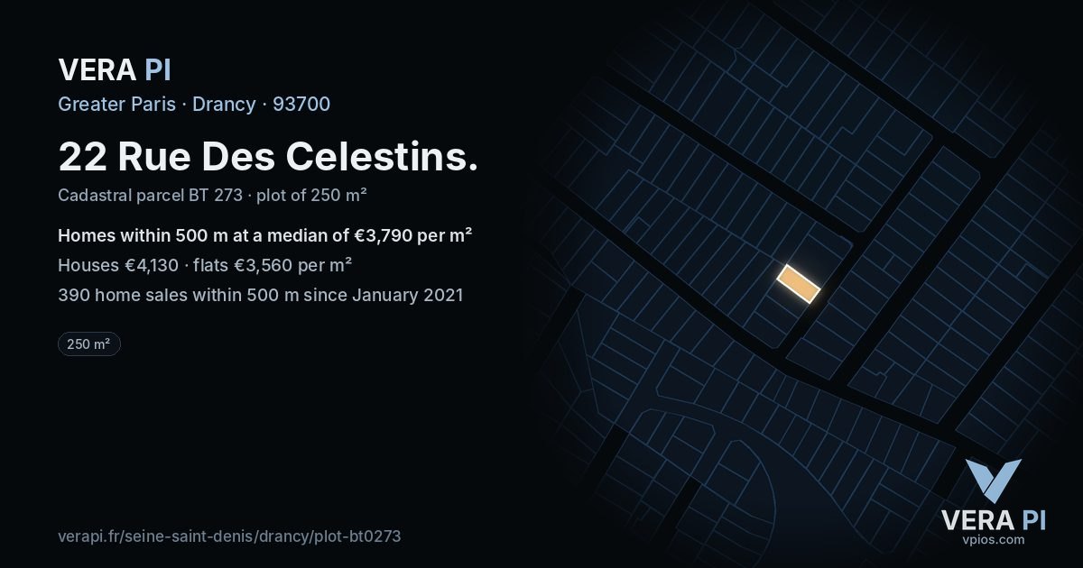 22 Rue Des Celestins, Drancy at night – the plot lit, the parcels around coloured by the prices near them