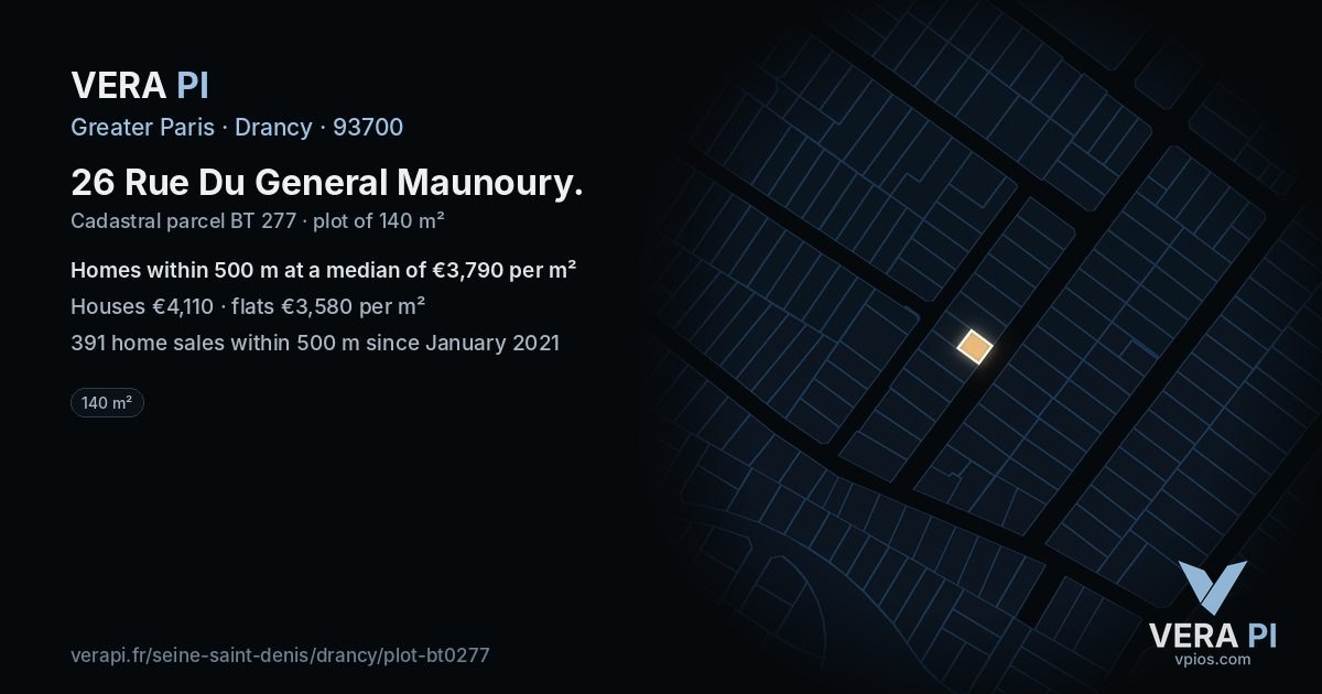 26 Rue Du General Maunoury, Drancy at night – the plot lit, the parcels around coloured by the prices near them
